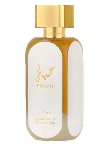 Frasco do perfume Lattafa Hayaati Gold Elixir